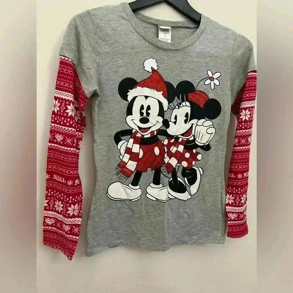 Disney Christmas Mickey Minnie Shirt Junior Sparkly Gray Long Sleeve Size M 7/9 - Picture 6 of 6